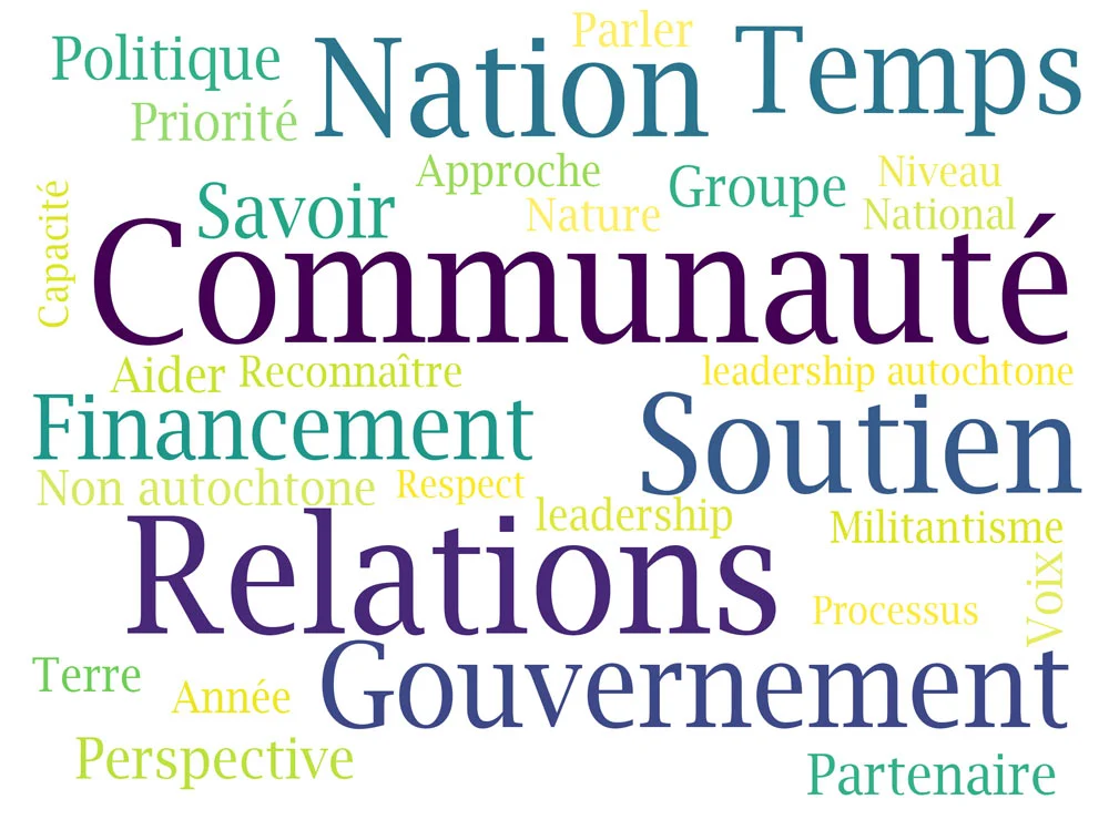 Nuage de mots avec les thèmes les plus courants de nos conversations et de nos sondages sur les alliances de conservation autochtones efficaces. 