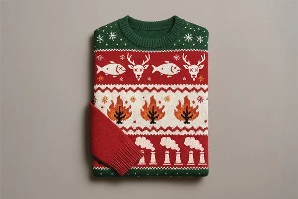 Ugly Christmas sweater showing natural disasters
