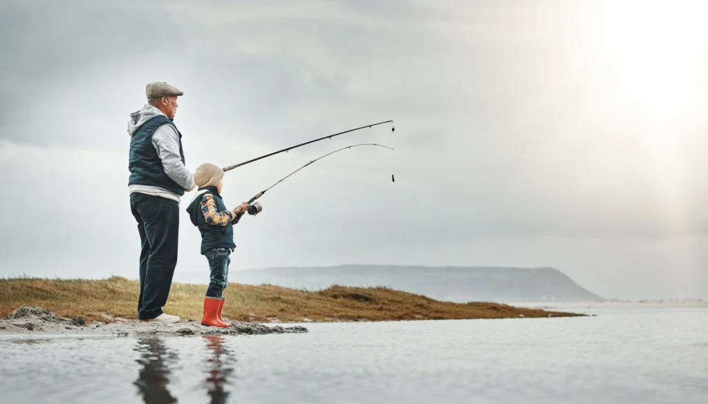 Un homme pêchant avec son petit-fils.