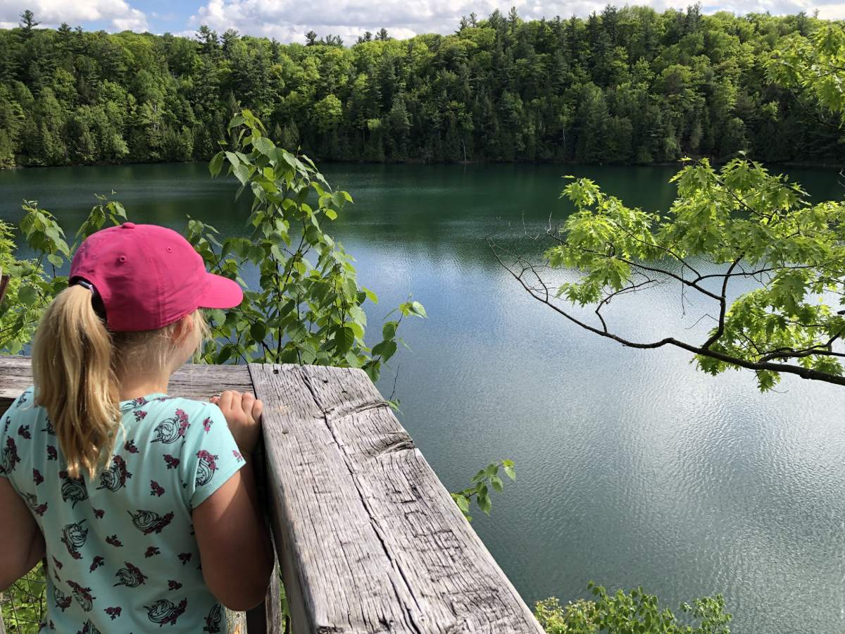 Young girl on a forest overlook, looking at a river in the distance.