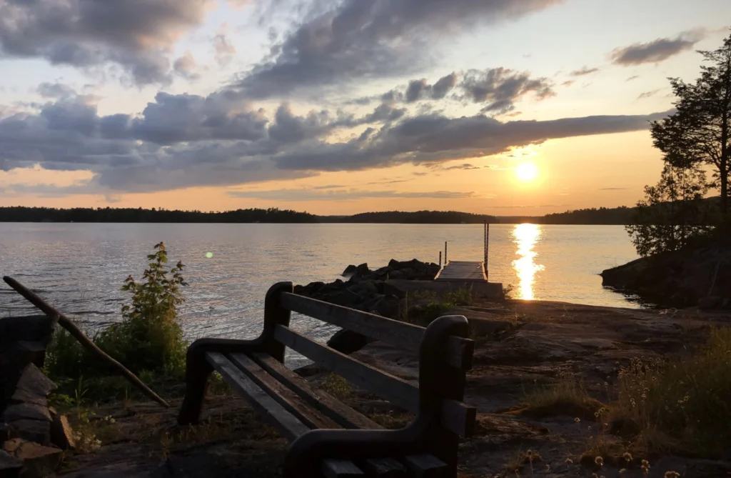 View from the water's edge at sunset